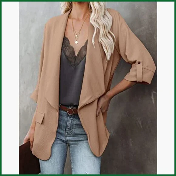 Casual Blazer with Roll Up Sleeves, Open Front, Pockets